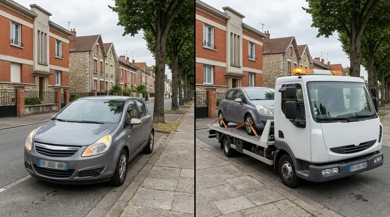 Remorquage de voiture : citadine en panne le long d'un trottoir, puis chargée sur le plateau de la dépanneuse