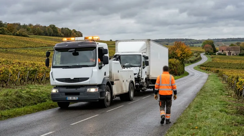 Remorquage poids lourd : dépanneuse lourde remorquant un camion porteur sur une route de campagne près des vignes
